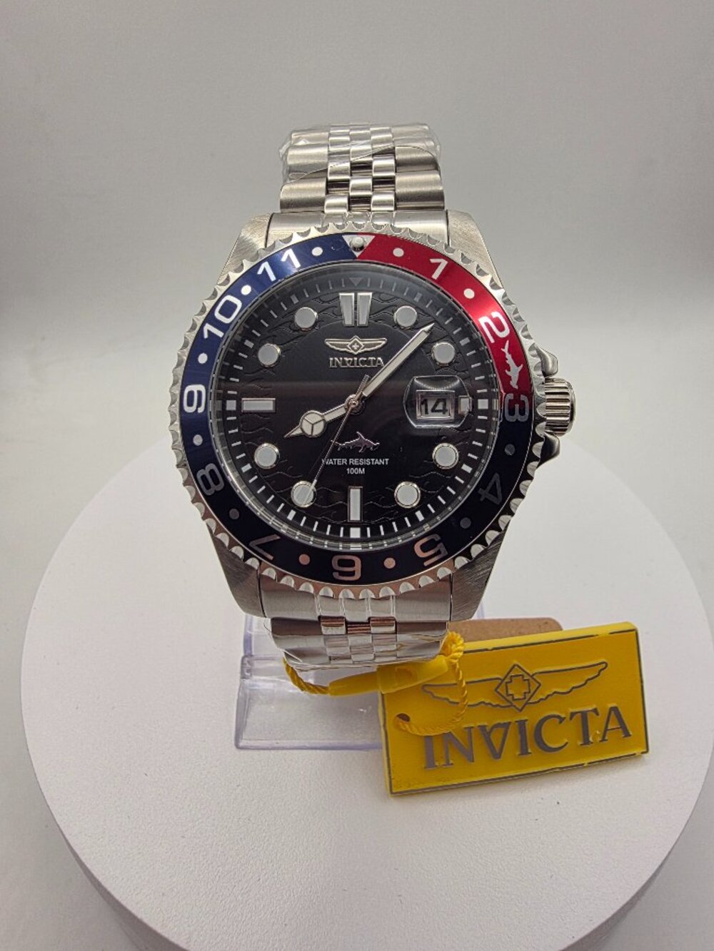 Invicta Diver Watch Silver Stainless Steel Black Dial Pepsi Bezel Men's
